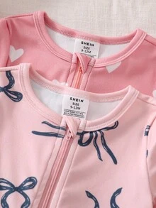 2件套女婴碎花长袖连体衣和打底裤贴身家居服套装，女婴睡衣拉链休闲连体衣 - 粉色 - 查看 5