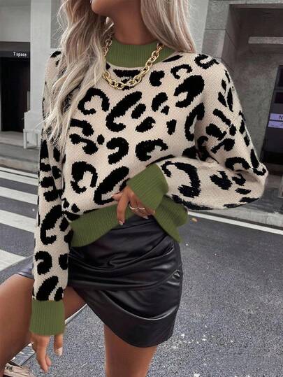 EMERY ROSE Women's Leopard Print Crew Neck Casual Long Sleeve Pullover Sweater