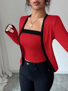 Elenzga 2件套女士针织拼布优雅开衫和背心套装 - 紅色 - 查看 3