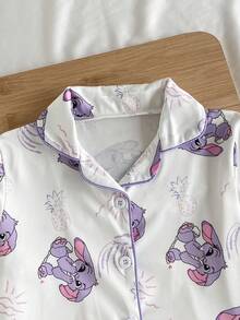 2件套少女可爱卡通垂耳蓝兔印花长袖上衣和裤子舒适休闲睡衣套装 - 淡紫色 - 查看 3