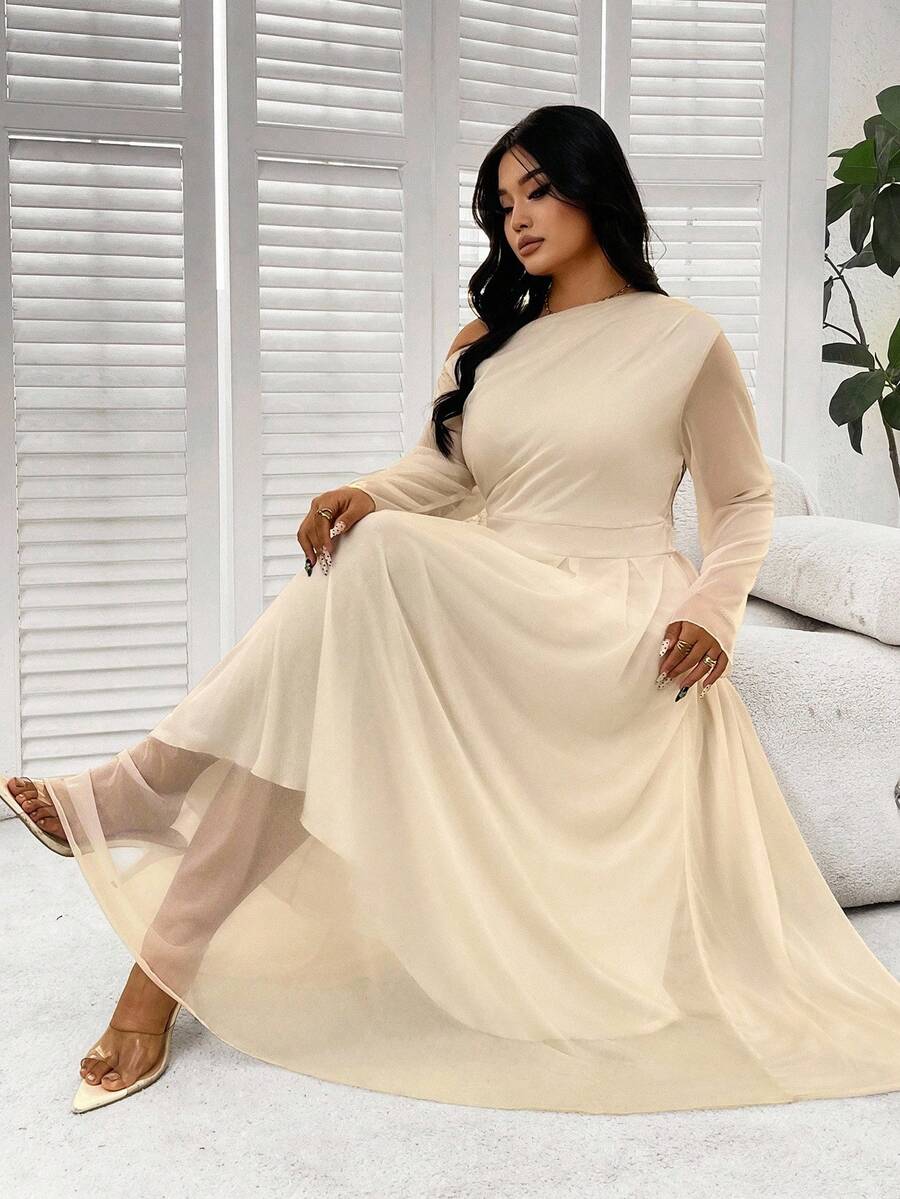 SHEIN Clasi Đầm dài tay lệch vai thanh lịch cỡ lớn, đầu thu - Màu be - Xem 1