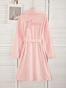 女士绒毛法兰绒长袍，休闲优雅粉色长袖长袍，饰有刺绣英文文字，前后系带，秋冬季舒适家居服，温暖舒适 - 粉色 - 查看 2