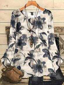 EMERY ROSE Plus Size Floral Print Casual Round Neck 3/4 Sleeve Blouse, Suitable For Spring And Autumn - Multicolor - View 1