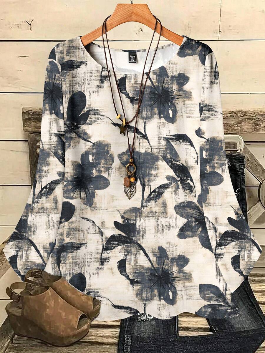 EMERY ROSE Plus Size Floral Print Casual Round Neck 3/4 Sleeve Blouse, Suitable For Spring And Autumn - Multicolor - View 1