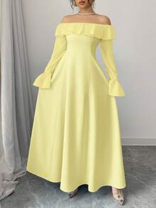 Elenzga Vestido largo elegante con hombros descubiertos para mujer de talla grande - Amarillo - Ver 4