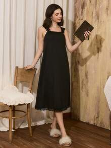 Côtesoire 女式休闲蕾丝拼布蝴蝶结吊带裙、睡衣 - 黑色 - 查看 5