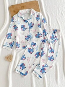 2件套少女可爱卡通垂耳蓝兔印花长袖上衣和裤子舒适休闲睡衣套装 - 藍白色 - 查看 1