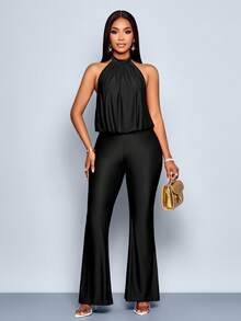 SOLERSUN Women's Fashion Elegant Daily Solid Color Sweet Halter Sleeveless Jumpsuit - Black - View 5