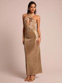 Glamine Women's Shell Decor Sleeveless Elegant Leopard Print Maxi Dress,Gold,Summer,70s,Night Out,Party,Chic Sparkly Shiny Long Dress,Halloween - Brown - View 1