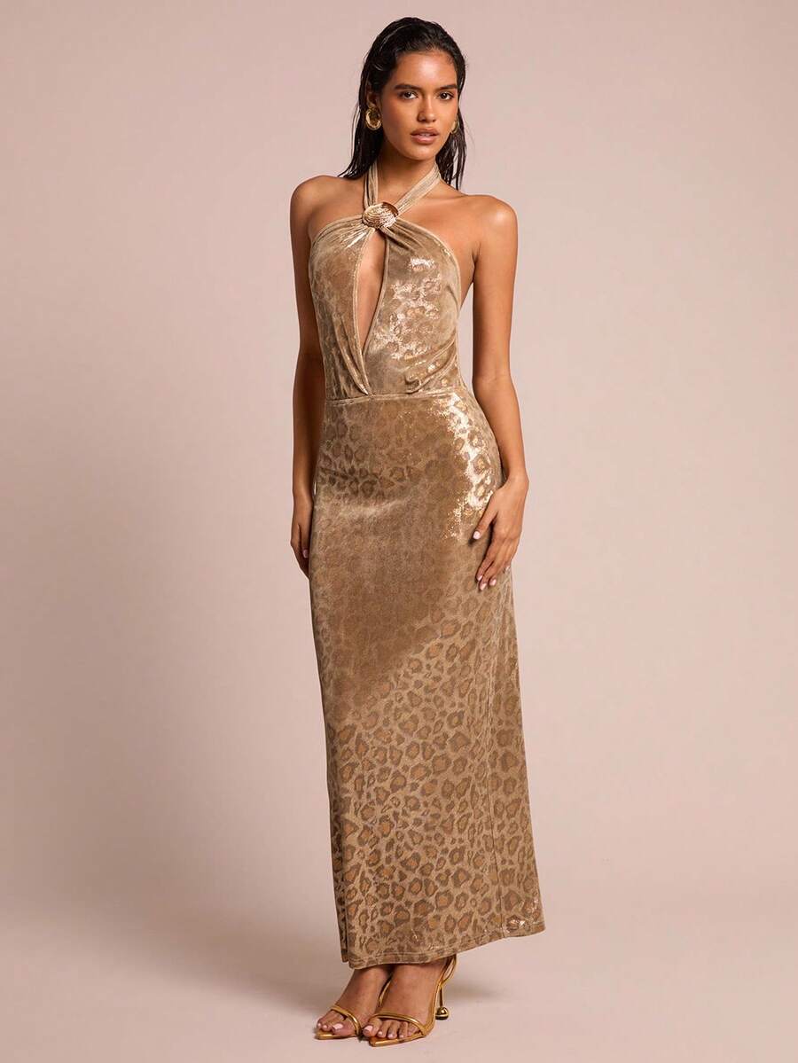 Glamine Women's Shell Decor Sleeveless Elegant Leopard Print Maxi Dress,Gold,Summer,70s,Night Out,Party,Chic Sparkly Shiny Long Dress,Halloween - Brown - View 1