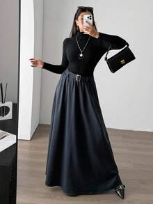 Aidyla تنورة وسطية فضفاضة منسوجة للنساء، تنورة طويلة رمادية عالية الجودة متعددة الاستخدامات، مخصرة، خريف/شتاء