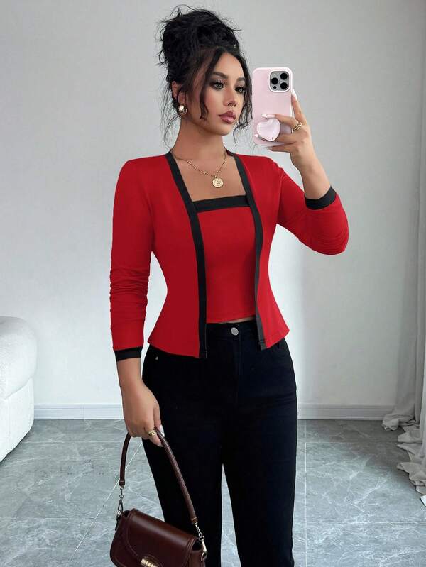 Elenzga 2pcs Women Knit Patchwork Elegant Cardigan And Vest Set