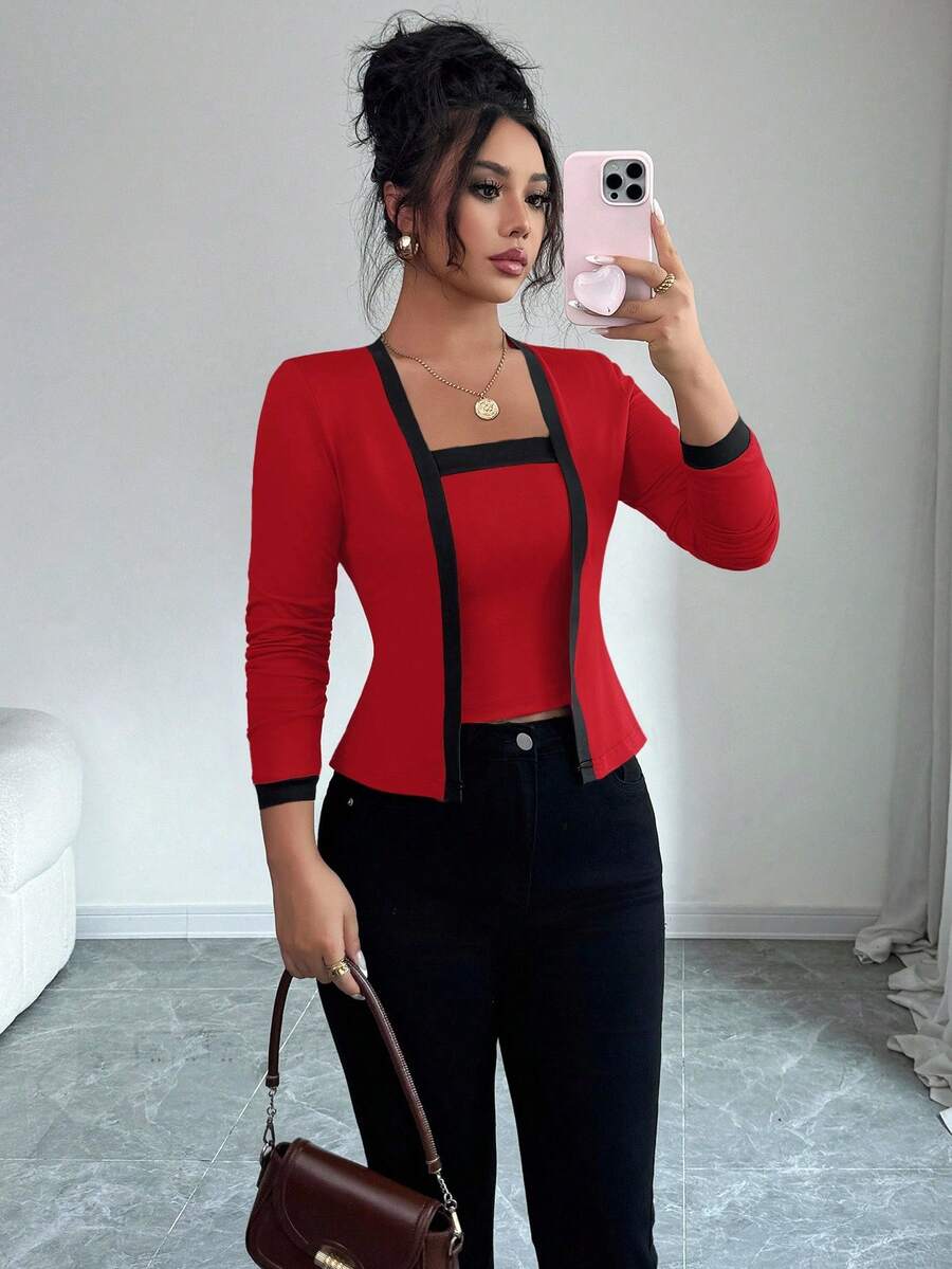 Elenzga 2件套女士针织拼布优雅开衫和背心套装 - 紅色 - 查看 1