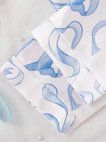 2 件女童休闲蝴蝶结装饰长袖上衣和裤子套装，舒适家居服 - 藍白色 - 查看 3