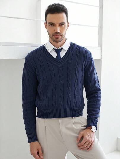 Manfinity CityGents Men's Solid Color V-Neck Long Sleeve Cable Casual Sweater, Autumn/Winter Men's Warm Sweaters Old Money Style Sweater Casual Sweater Blue Sweater Suitable For Going To Work, Working, Going Out, Dating, Shopping It Is Great For Couples And Makes An Excellent Gift Idea For Boyfriends Or Husbands.The Upper Body Is Handsome And Stylish, Casual And Versatile Winter Sweater Essentials