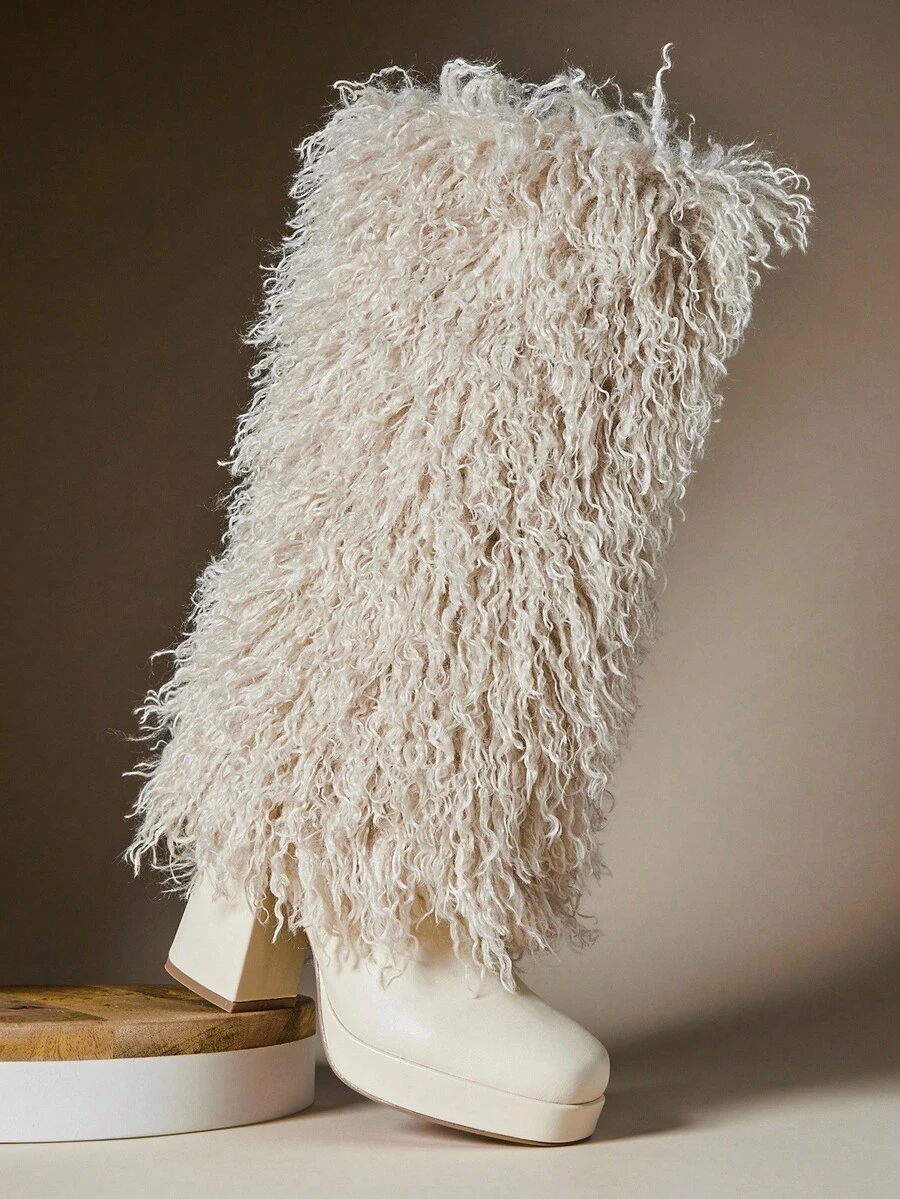 SHUZIA 魅力女士蓬松仿皮草方头粗跟靴温暖舒适冬季节日性感派对鞋 - 米色 - 查看 1