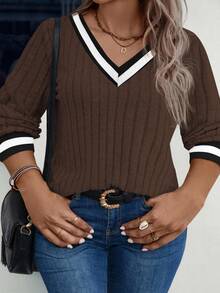 EMERY ROSE 女式加大码V领撞色边柔软加大码罗纹针织运动衫，秋冬 - 咖啡棕 - 查看 4