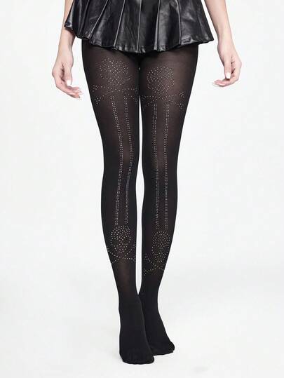 Grunge Punk 1 Pair Halloween Sexy Skull Rhinestone Fishnet Stockings, Y2K Minimalist Style Solid Black Sheer Elastic Tights, Ultra-Thin Opaque Leggings