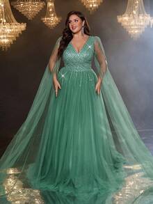 Glamrae Plus Size Elegant Luxury Green Beaded Sequin Contrast Mesh Sheer Extra Long Sleeve Flowing Maxi Dress Suitable For Weddings, Events, Parties, Formal Occasions, Wedding Guest Party Winter Evening Dress - Green - View 1