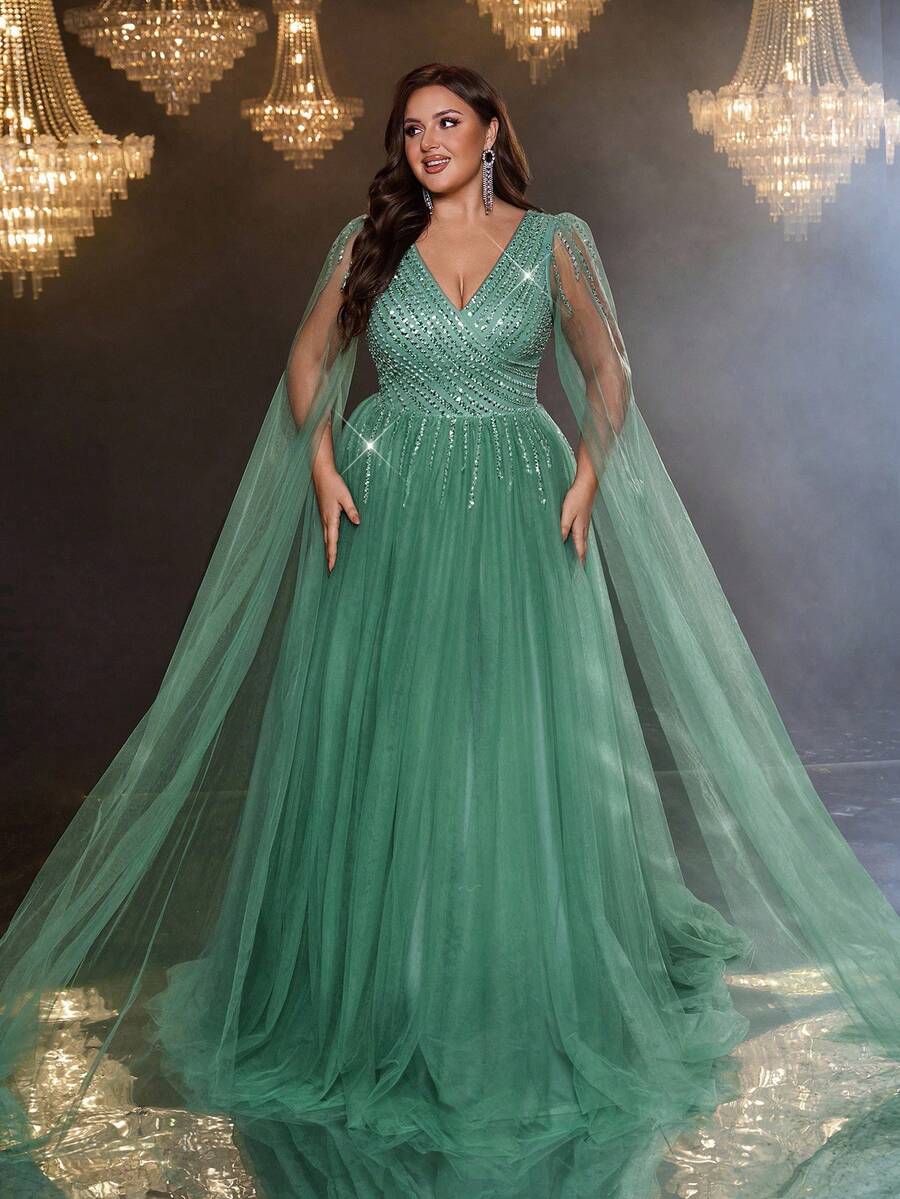 Glamrae Plus Size Elegant Luxury Green Beaded Sequin Contrast Mesh Sheer Extra Long Sleeve Flowing Maxi Dress Suitable For Weddings, Events, Parties, Formal Occasions, Wedding Guest Party Winter Evening Dress - Green - View 1