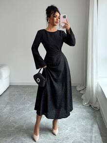 Rafferiza Women's Elegant Textured Pleated Shoulder Tie Waist Slim Fit Round Neck Long Sleeve Solid Color Black Dress, Casual Winter