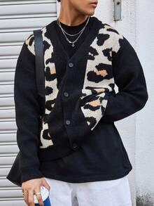 Manfinity CasualKnits 时尚渐变色豹纹男士开衫，欧美风格，秋冬