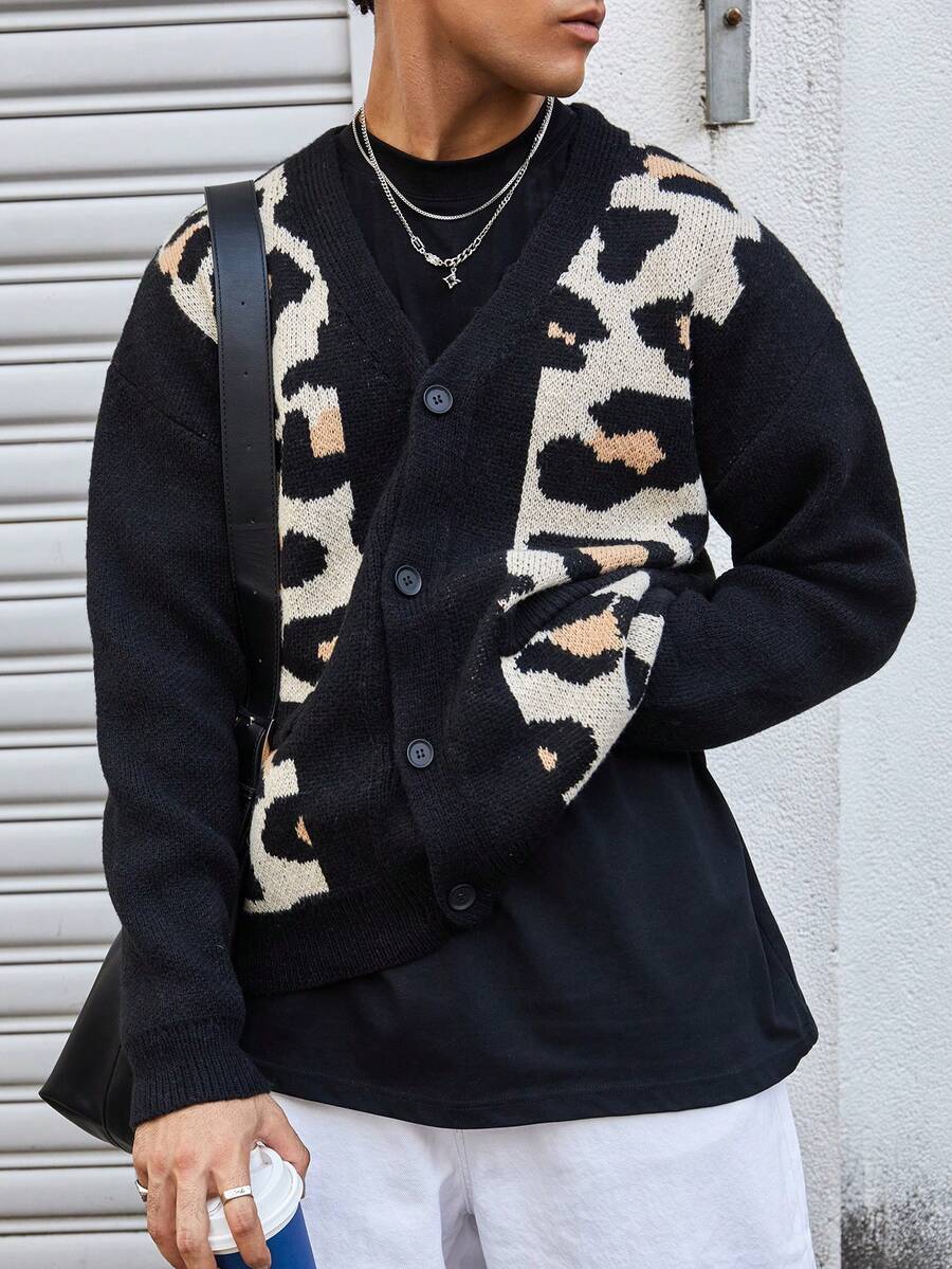 Manfinity CasualKnits 时尚渐变色豹纹男士开衫，欧美风格，秋冬