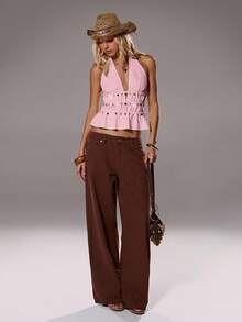 TRNVIE 女式休闲度假杏色露背深 V 流苏贝壳串珠纹理褶饰荷叶边露背海滩度假吊带背心，适合秋冬季亮片装饰派对分层上衣 - 粉色 - 查看 6