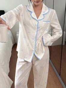 SHEIN 女士新款休闲可爱蕾丝边长袖上衣和裤子睡衣套装，秋冬服装 - 彩色 - 查看 5