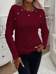 EMERY ROSE Women's Casual Solid Color Crew Neck Sweater, Autumn/Winter - Burgundy - View 5