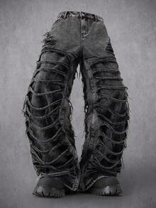 Manfinity Denimwave Men's Casual Distressed Ripped Frayed Hem Black & Grey Stacked Jeans, Perfect Holiday Gift For Boyfriend & Husband Punk Pants Men Tripp Pants Goth Pants Men - Dark Grey - View 3