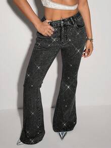 SHEIN ICON 女式高腰水钻口袋喇叭腿休闲牛仔裤 - 黑色 - 查看 3