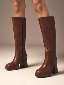 SHUZIA Women Everyday Casual Comfortable Round Toe Chunky Heel Knee-High Boots - Brown - View 3
