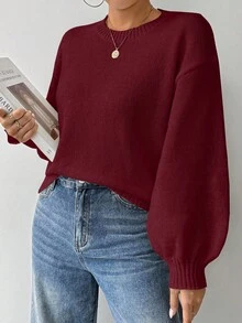 EMERY ROSE Loose Round-Neck Lantern Sleeveharmony Drop Shoulderknitted Sweater - Burgundy - View 6