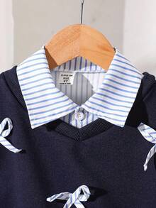 Elladie kids 3件套女童休闲条纹衬衫+爱心印花背心+裤子套装，秋冬季女童校服套装，适合年轻女孩，海军蓝学院风童装 - 藏蓝色 - 查看 6