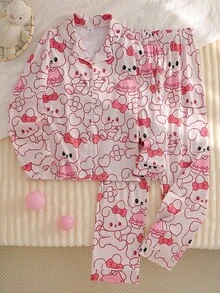 Girls Cute Rabbit Print Long Sleeve Loungewear Set, Comfortable & Casual Fall Winter - Pink - View 1