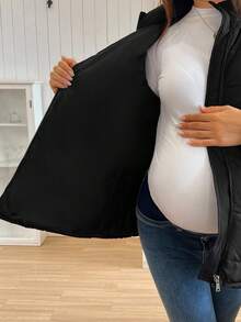 SHEIN 纯色休闲长款孕妇拉链加厚外套，冬季 - 黑色 - 查看 7