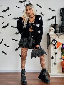 Zielony Women's Black & White V-Neck Button Lantern Sleeve Halloween Pumpkin Knit Cardigan