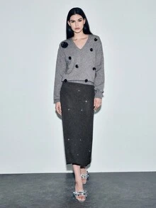 Lumivelle Women's Casual Everyday Commute Sequin Patchwork Slit Straight Knit Skirt, Autumn/Winter - Dark Grey - View 6