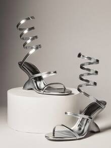 SHUZIA Women Gemstone Cross Ankle Strapped Chic Party Casual Sexy Elegant Chrome High Heeled Sandals