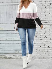 EMERY ROSE Women's V-Neck Color Block Plus Size T-Shirt, Autumn/Winter - Multicolor - View 6