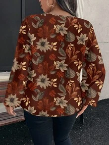 EMERY ROSE Plus Size Floral Print Puff Sleeve Casual Shirt, Autumn - Brown - View 2