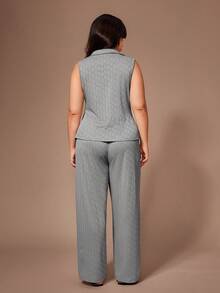 Lazeform Women's Casual Solid Color Jacquard Knit Collared Sleeveless Pleated Cardigan & Pants Plus Size Pajama Set - Grey - View 2