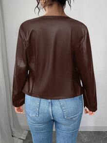 SHEIN PETITE CURVE 大码女式经典百搭 PU 皮夹克，小号系列 - 棕色 - 查看 2