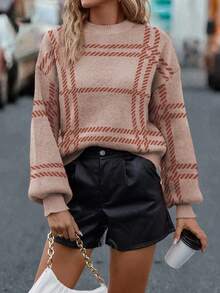 SHEIN LUNE Women's Retro Casual Everyday Plaid Drop Shoulder Lantern Sleeve Sweater, Autumn/Winter - Apricot - View 5