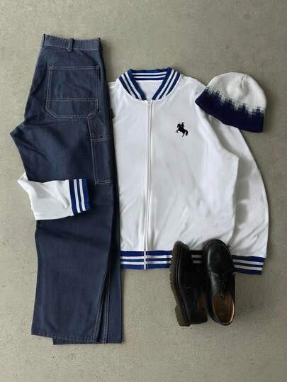 Manfinity Dauomo Men's Casual Cardigan Jacket With Knight Horse Print, Versatile Outerwear For Autumn/Winter