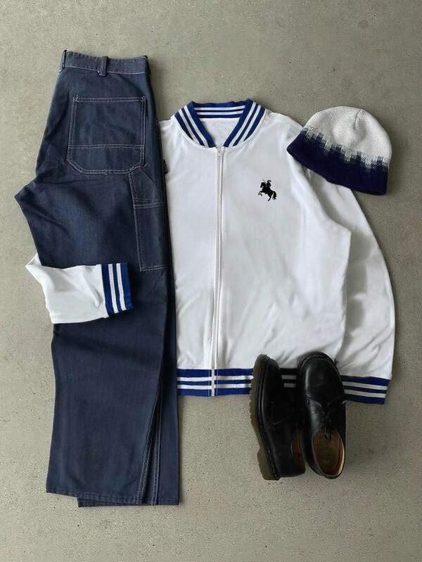 Manfinity Dauomo Men's Casual Cardigan Jacket With Knight Horse Print, Versatile Outerwear For Autumn/Winter