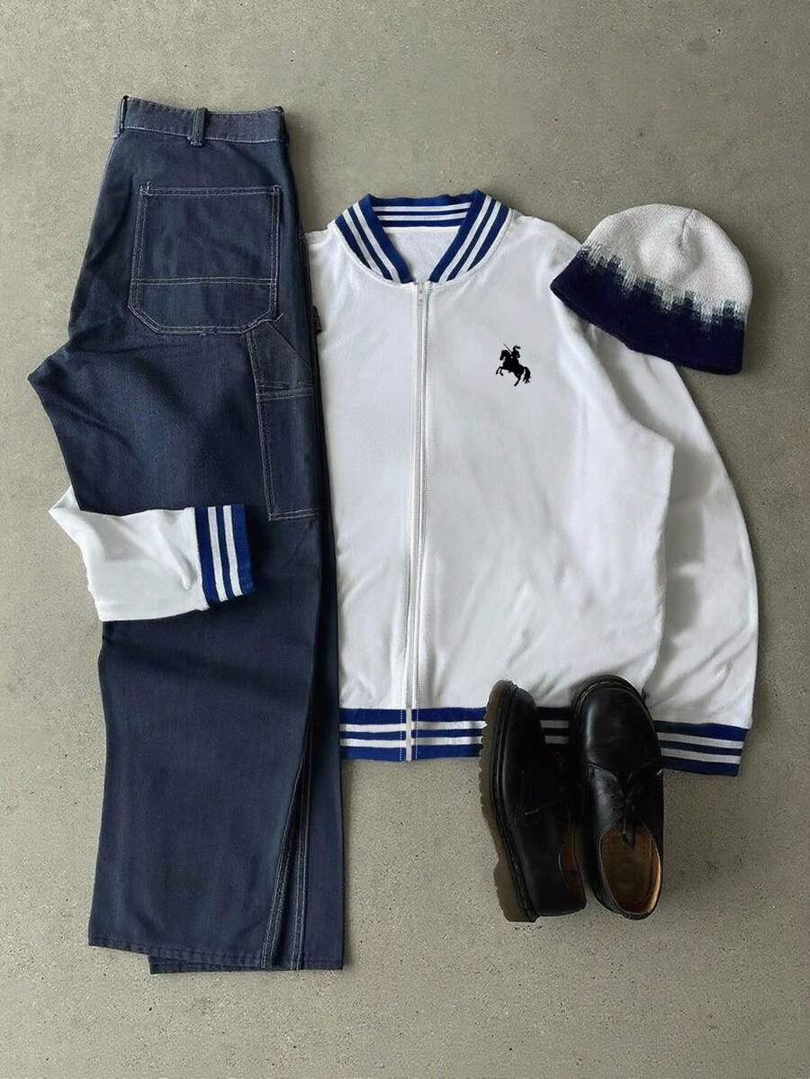 Manfinity Dauomo Men's Casual Cardigan Jacket With Knight Horse Print, Versatile Outerwear For Autumn/Winter