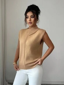 Elenzga Asymmetric Collar Ribbed Design Minimalist Style Women Knitted Vest - Camel - View 5