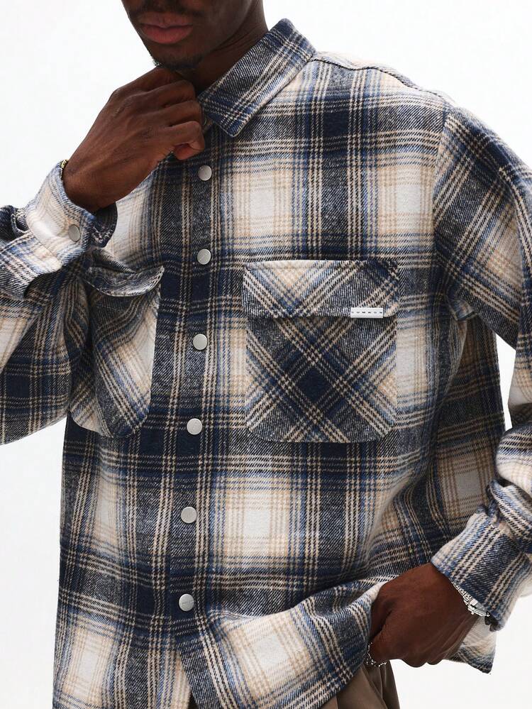 Plaid Flannel Button Down Shirt With Utility Pockets